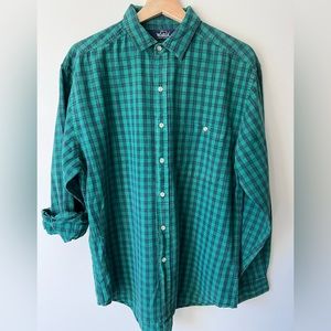 WOOLRICH 80s vintage size medium navy and green plaid cotton button down